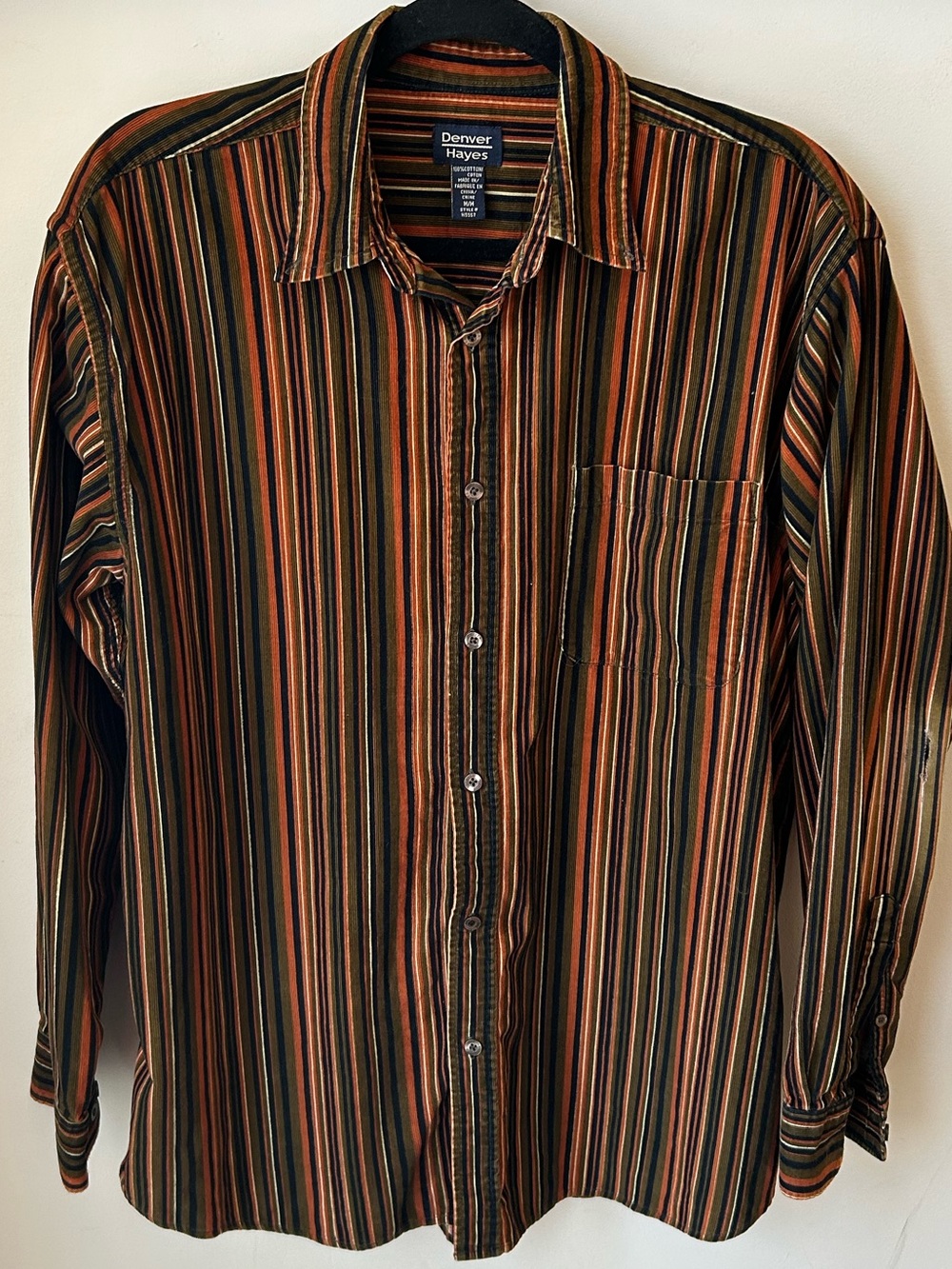 Denver Hayes Cotton Striped Corduroy Button-Up Shirt | Retro 70s Mod Size Med